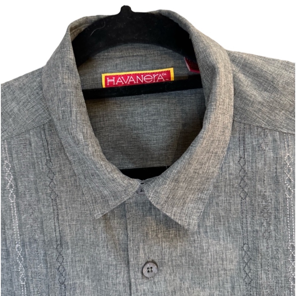 Havanera Men's Shirt Gray Pleated Front Stitching Short Sleeve Collar